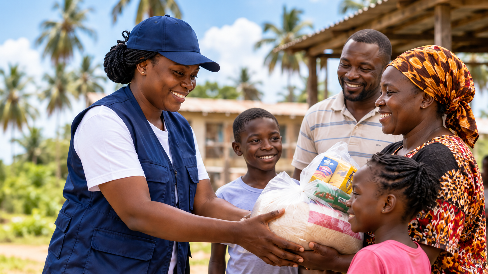 An NFAA field worker hands a bag of food staples to a family outdoors